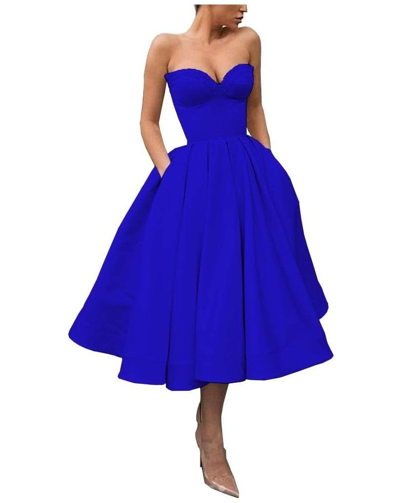 Sweetheart Strapless Short Homecoming Dresses Satin A-line Prom Party Gowns with Pockets Royal Blue $33.37 Dresses