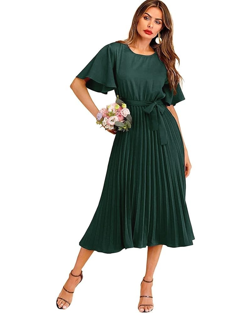 Women's Elegant Belted Pleated Flounce Sleeve Long Dress Green $22.96 Dresses