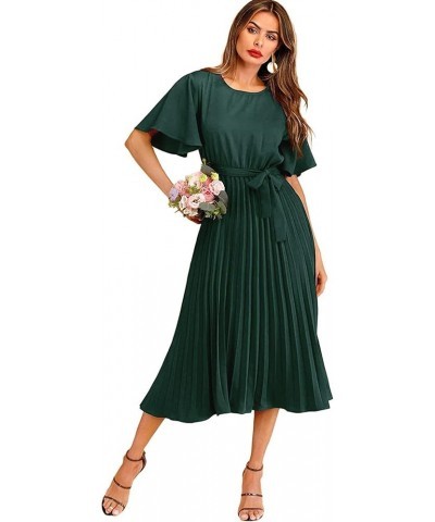 Women's Elegant Belted Pleated Flounce Sleeve Long Dress Green $22.96 Dresses