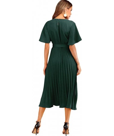 Women's Elegant Belted Pleated Flounce Sleeve Long Dress Green $22.96 Dresses