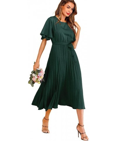 Women's Elegant Belted Pleated Flounce Sleeve Long Dress Green $22.96 Dresses