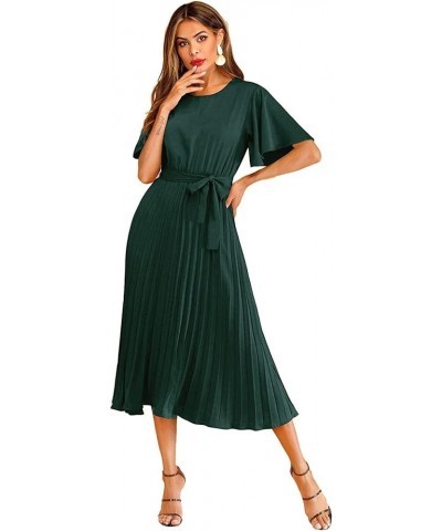 Women's Elegant Belted Pleated Flounce Sleeve Long Dress Green $22.96 Dresses