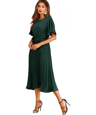 Women's Elegant Belted Pleated Flounce Sleeve Long Dress Green $22.96 Dresses