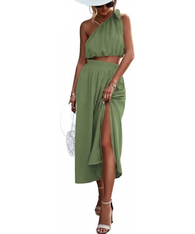 Women's 2 Piece Outfits Tie Knot One Shoulder Tank Top High Waist Side Split Maxi Skirt Pea Green $20.24 Suits