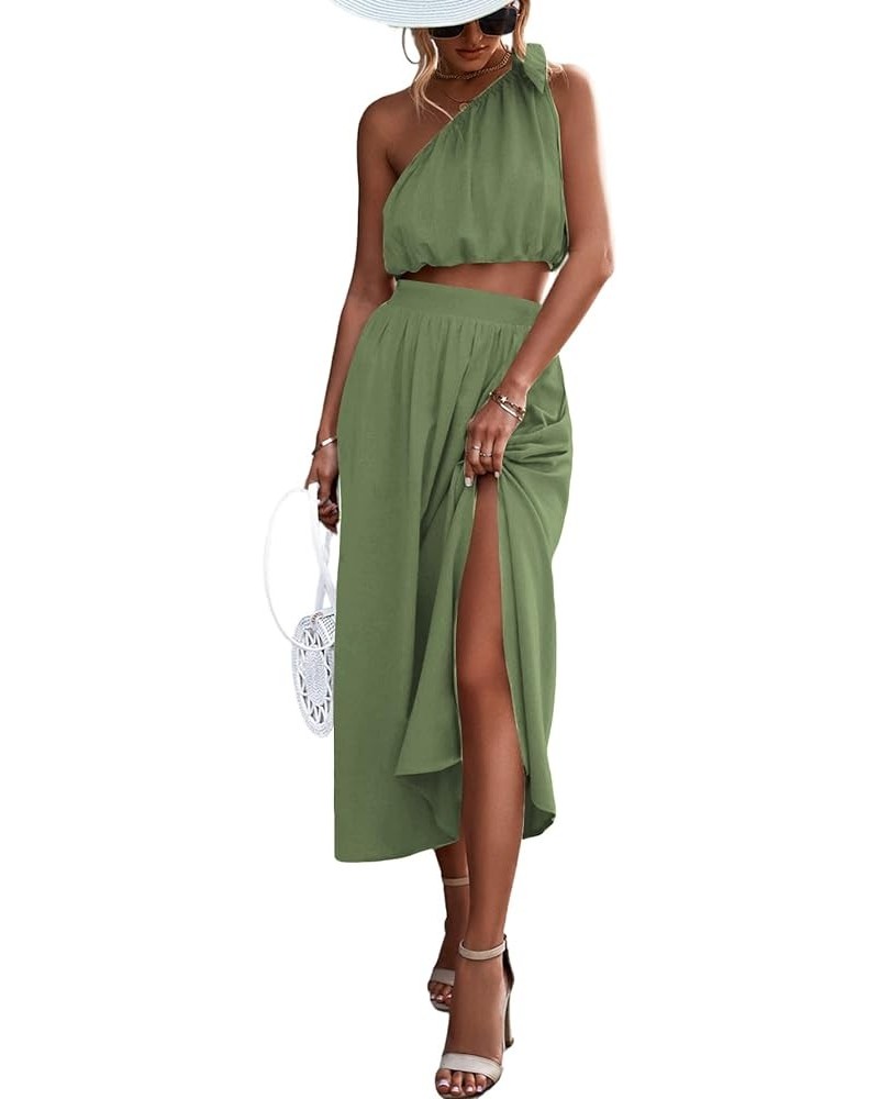 Women's 2 Piece Outfits Tie Knot One Shoulder Tank Top High Waist Side Split Maxi Skirt Pea Green $20.24 Suits