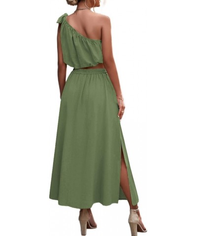 Women's 2 Piece Outfits Tie Knot One Shoulder Tank Top High Waist Side Split Maxi Skirt Pea Green $20.24 Suits