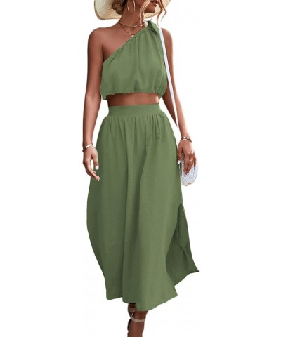 Women's 2 Piece Outfits Tie Knot One Shoulder Tank Top High Waist Side Split Maxi Skirt Pea Green $20.24 Suits