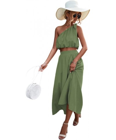 Women's 2 Piece Outfits Tie Knot One Shoulder Tank Top High Waist Side Split Maxi Skirt Pea Green $20.24 Suits