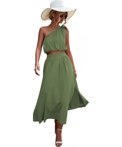 Women's 2 Piece Outfits Tie Knot One Shoulder Tank Top High Waist Side Split Maxi Skirt Pea Green $20.24 Suits