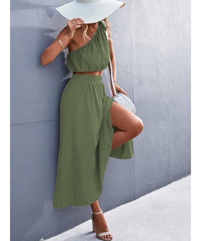 Women's 2 Piece Outfits Tie Knot One Shoulder Tank Top High Waist Side Split Maxi Skirt Pea Green $20.24 Suits