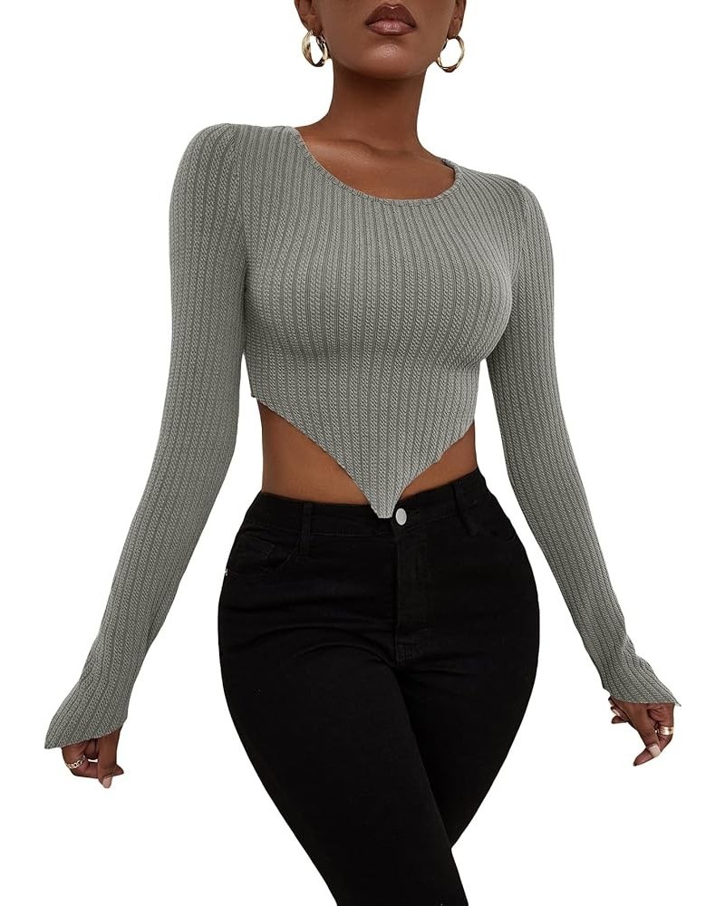 Women's Crew Neck Long Sleeve Asymmetrical Hem Ribbed Knit Tee Shirt Pullover Crop Top Grey $8.24 T-Shirts