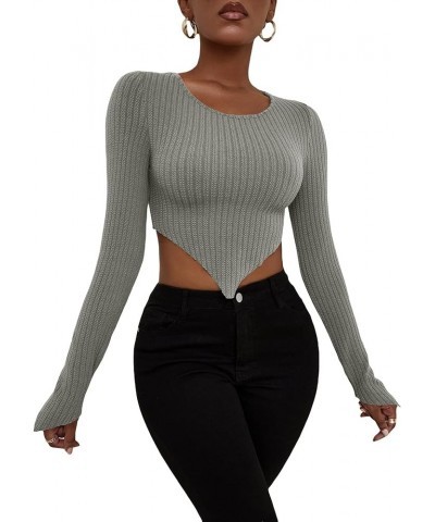 Women's Crew Neck Long Sleeve Asymmetrical Hem Ribbed Knit Tee Shirt Pullover Crop Top Grey $8.24 T-Shirts