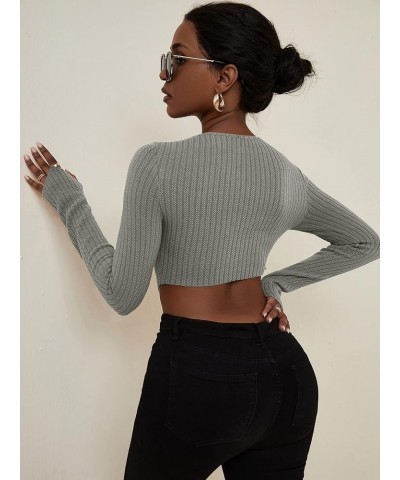 Women's Crew Neck Long Sleeve Asymmetrical Hem Ribbed Knit Tee Shirt Pullover Crop Top Grey $8.24 T-Shirts