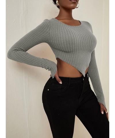 Women's Crew Neck Long Sleeve Asymmetrical Hem Ribbed Knit Tee Shirt Pullover Crop Top Grey $8.24 T-Shirts