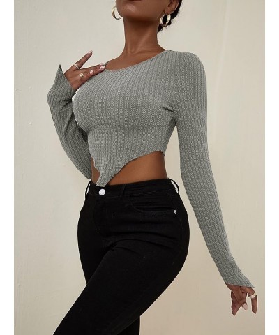 Women's Crew Neck Long Sleeve Asymmetrical Hem Ribbed Knit Tee Shirt Pullover Crop Top Grey $8.24 T-Shirts