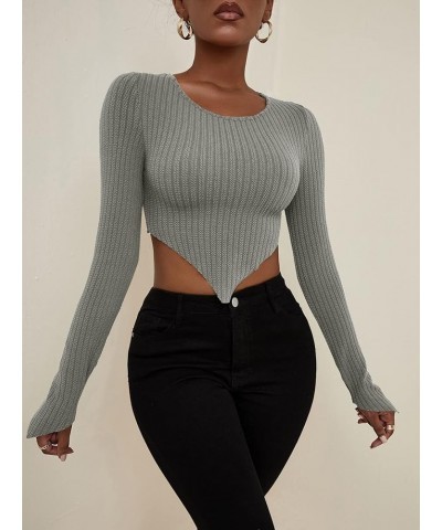 Women's Crew Neck Long Sleeve Asymmetrical Hem Ribbed Knit Tee Shirt Pullover Crop Top Grey $8.24 T-Shirts