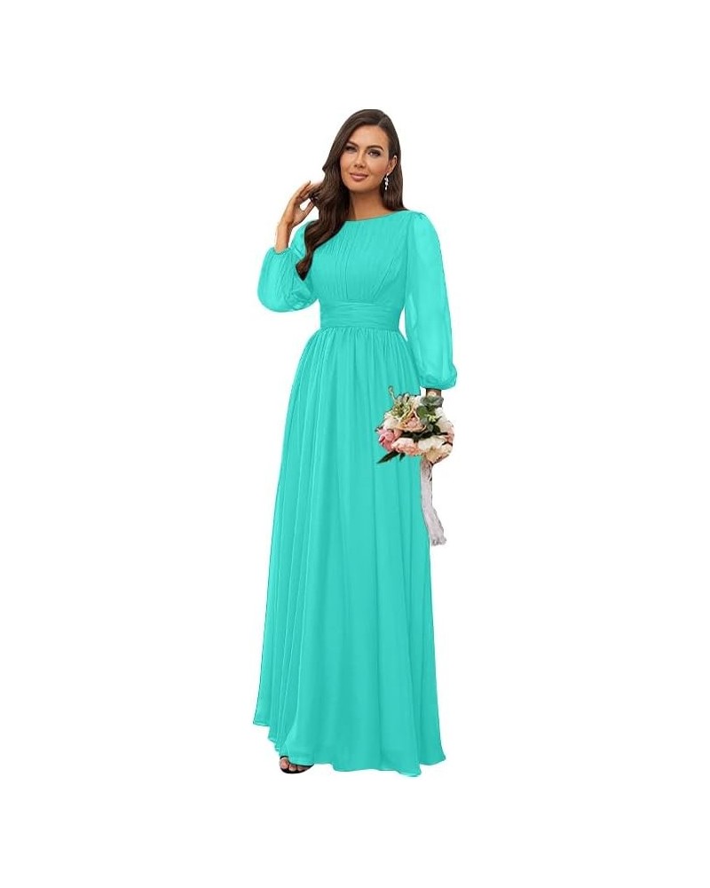 Women's Long Sleeve Bridesmaid Dresses for Wedding Chiffon Pleated Empire Waist Formal Evening Dress Turquoise $39.20 Dresses