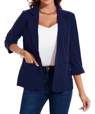 Womens Blazer Rolled 3/4 Sleeve Notched Lapel Business Work Jackets One Button Casual Blazers with Pockets Navy $20.50 Blazers