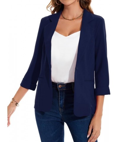 Womens Blazer Rolled 3/4 Sleeve Notched Lapel Business Work Jackets One Button Casual Blazers with Pockets Navy $20.50 Blazers