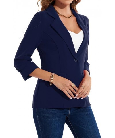 Womens Blazer Rolled 3/4 Sleeve Notched Lapel Business Work Jackets One Button Casual Blazers with Pockets Navy $20.50 Blazers