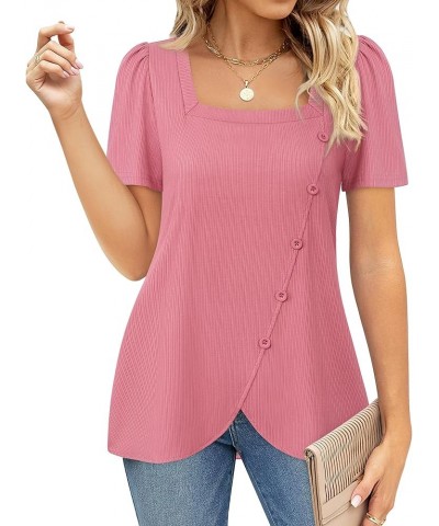 Women's Short Sleeve Tops Square Neck Shirts for Women Buttons Side Tulip Hem T-Shirts Pink $16.81 Tops