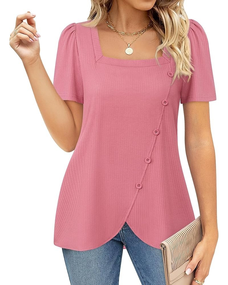 Women's Short Sleeve Tops Square Neck Shirts for Women Buttons Side Tulip Hem T-Shirts Pink $16.81 Tops