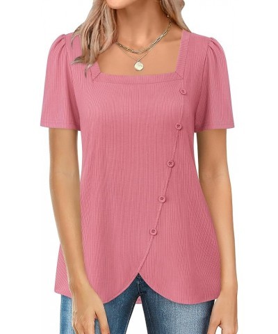 Women's Short Sleeve Tops Square Neck Shirts for Women Buttons Side Tulip Hem T-Shirts Pink $16.81 Tops