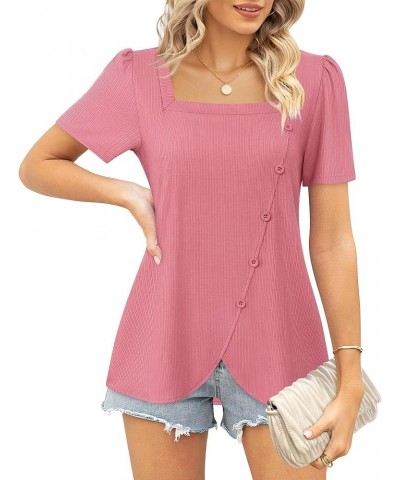 Women's Short Sleeve Tops Square Neck Shirts for Women Buttons Side Tulip Hem T-Shirts Pink $16.81 Tops