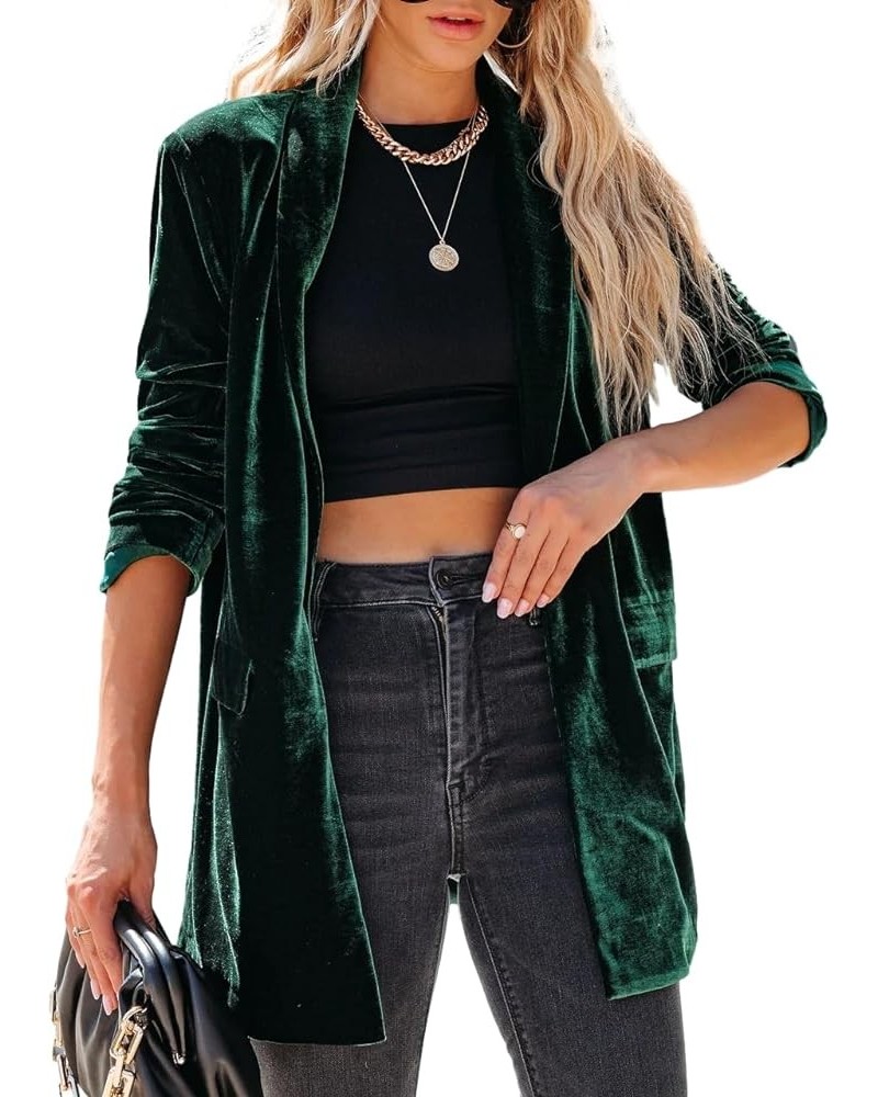 Long Velvet Blazer Jackets for Women Casual Long Sleeve Lapel Collar Blazer Suits Cardigan with Pockets Dark Green $15.11 Suits