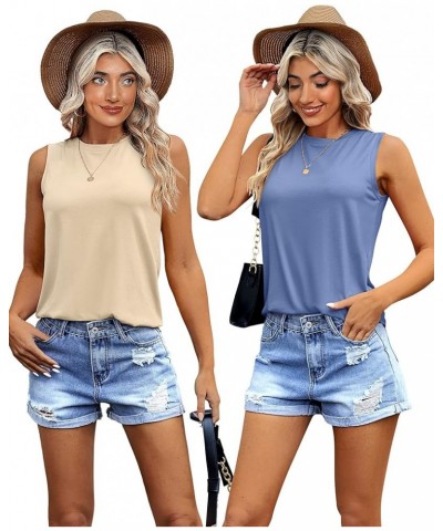 2 Pack Women's Sleeveless Tank Tops, Casual Loose Fit T Shirts Solid Color Tunic Crew Neck Summer Shirts Tee Apricot, Sky Blu...