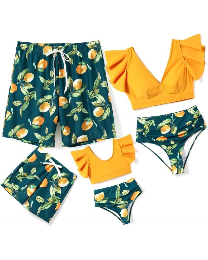 Family Matching Swimsuits Ruffle-Sleeve Two-Piece Tropical Plant Printed Bathing Suit and Swim Trunks Women Lemon Tree Yellow...