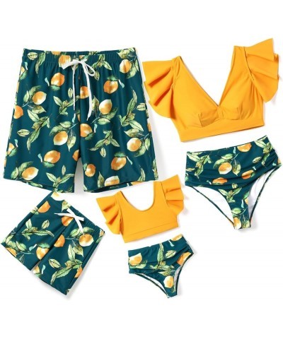 Family Matching Swimsuits Ruffle-Sleeve Two-Piece Tropical Plant Printed Bathing Suit and Swim Trunks Women Lemon Tree Yellow...