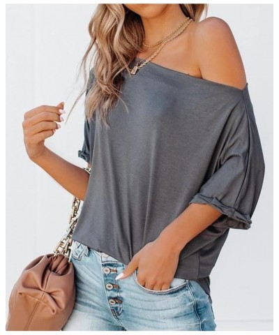 Women's Off Shoulder Tops Casual Short Batwing Sleeve Summer Loose T Shirt Tunic Blouse 1-dark Grey $14.55 Blouses