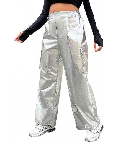 Women's Plus Size Metallic Loose Baggy Cargo Pants High Waist Pocket Parachute Pants Silver $16.72 Others