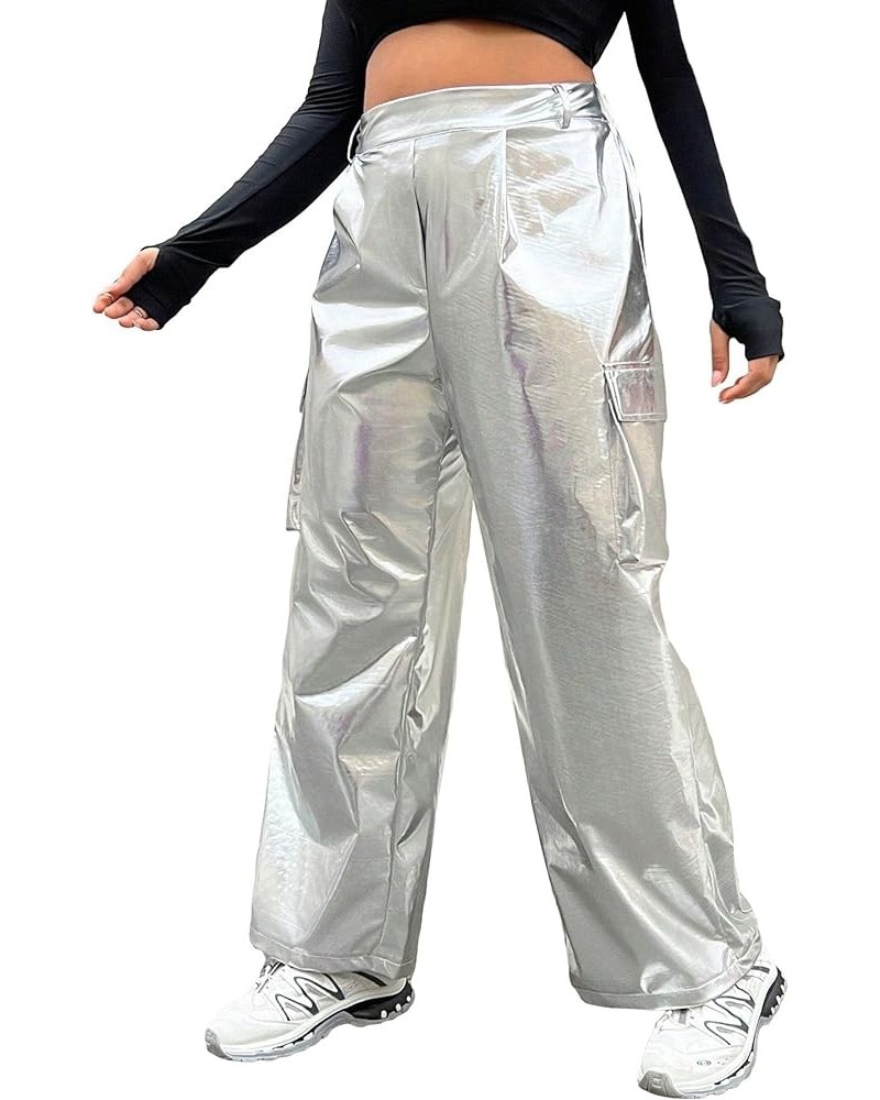 Women's Plus Size Metallic Loose Baggy Cargo Pants High Waist Pocket Parachute Pants Silver $16.72 Others