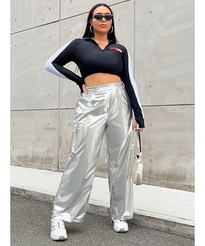 Women's Plus Size Metallic Loose Baggy Cargo Pants High Waist Pocket Parachute Pants Silver $16.72 Others