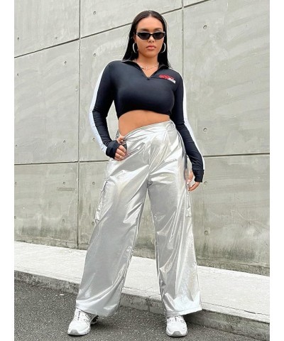 Women's Plus Size Metallic Loose Baggy Cargo Pants High Waist Pocket Parachute Pants Silver $16.72 Others