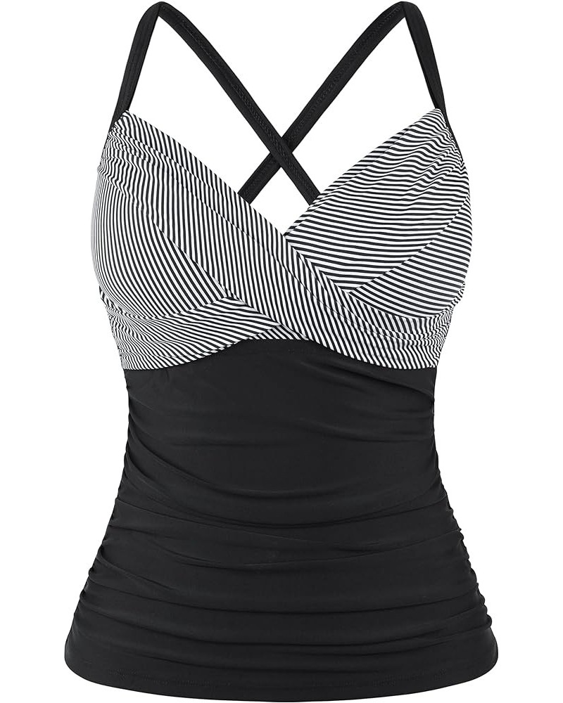 Women's Underwire Tankini Top Cross Front V Neck Push Up Swim Top Ruched Tummy Control Bathing Suit Tops Black&white Stripes ...