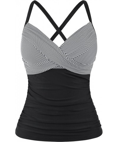 Women's Underwire Tankini Top Cross Front V Neck Push Up Swim Top Ruched Tummy Control Bathing Suit Tops Black&white Stripes ...