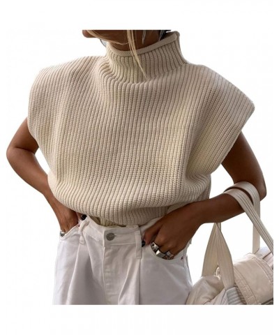 Women Shoulder Pad Sweater Top Sleeveless Turtleneck Pullover Vest Wide Shoulder Knitted Jumper Top Apricot $11.58 Sweaters