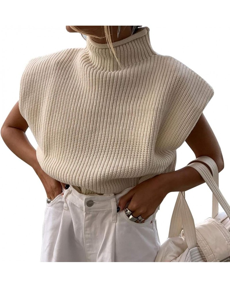 Women Shoulder Pad Sweater Top Sleeveless Turtleneck Pullover Vest Wide Shoulder Knitted Jumper Top Apricot $11.58 Sweaters