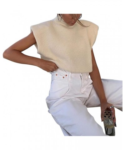 Women Shoulder Pad Sweater Top Sleeveless Turtleneck Pullover Vest Wide Shoulder Knitted Jumper Top Apricot $11.58 Sweaters