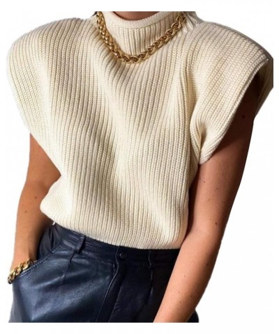 Women Shoulder Pad Sweater Top Sleeveless Turtleneck Pullover Vest Wide Shoulder Knitted Jumper Top Apricot $11.58 Sweaters