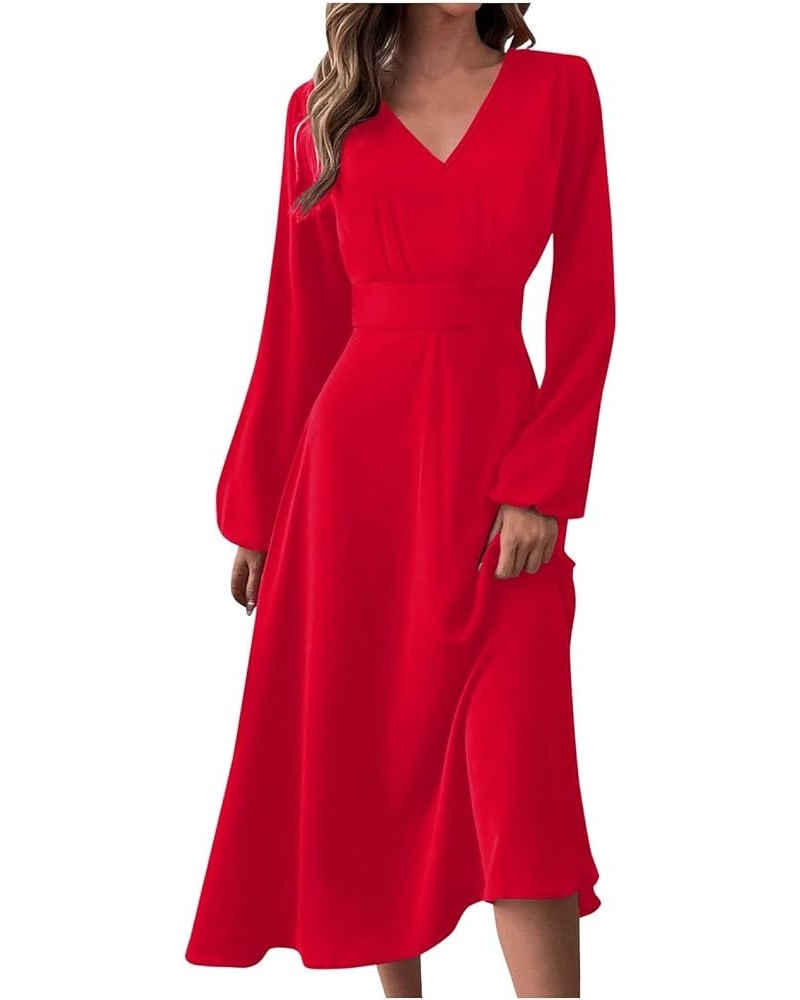 Elegant High Neck Ruched Slim Fit Long Dresses for Women Long Sleeve High Waist Stretch Full Dress 02-red $12.73 Dresses