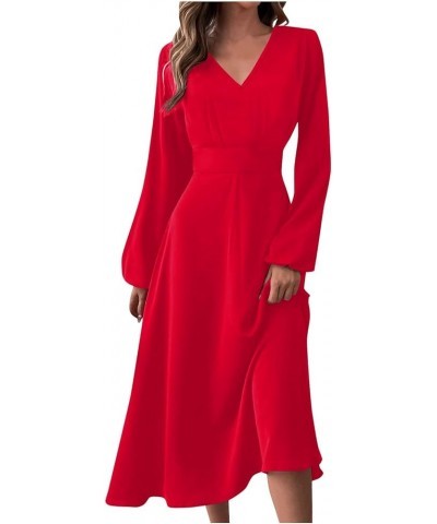 Elegant High Neck Ruched Slim Fit Long Dresses for Women Long Sleeve High Waist Stretch Full Dress 02-red $12.73 Dresses