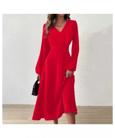 Elegant High Neck Ruched Slim Fit Long Dresses for Women Long Sleeve High Waist Stretch Full Dress 02-red $12.73 Dresses