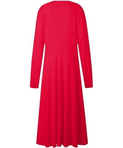 Elegant High Neck Ruched Slim Fit Long Dresses for Women Long Sleeve High Waist Stretch Full Dress 02-red $12.73 Dresses