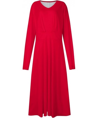 Elegant High Neck Ruched Slim Fit Long Dresses for Women Long Sleeve High Waist Stretch Full Dress 02-red $12.73 Dresses