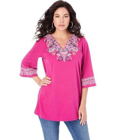 Women's Plus Size Embroidered V-Neck Top Raspberry Blossom Embroidery $20.37 T-Shirts