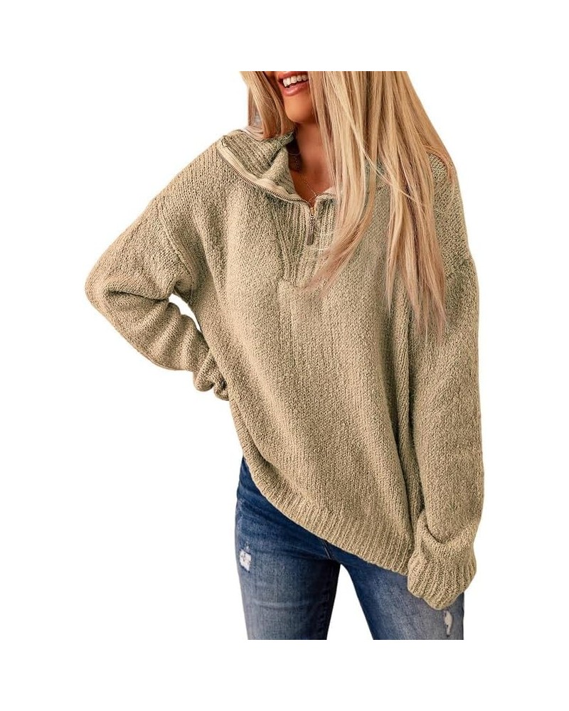 Women's Casual 1/4 Zip Pullover Polo V Neck Long Sleeve Knit Sweater for Women Jumper Tops Khaki $14.50 Sweaters